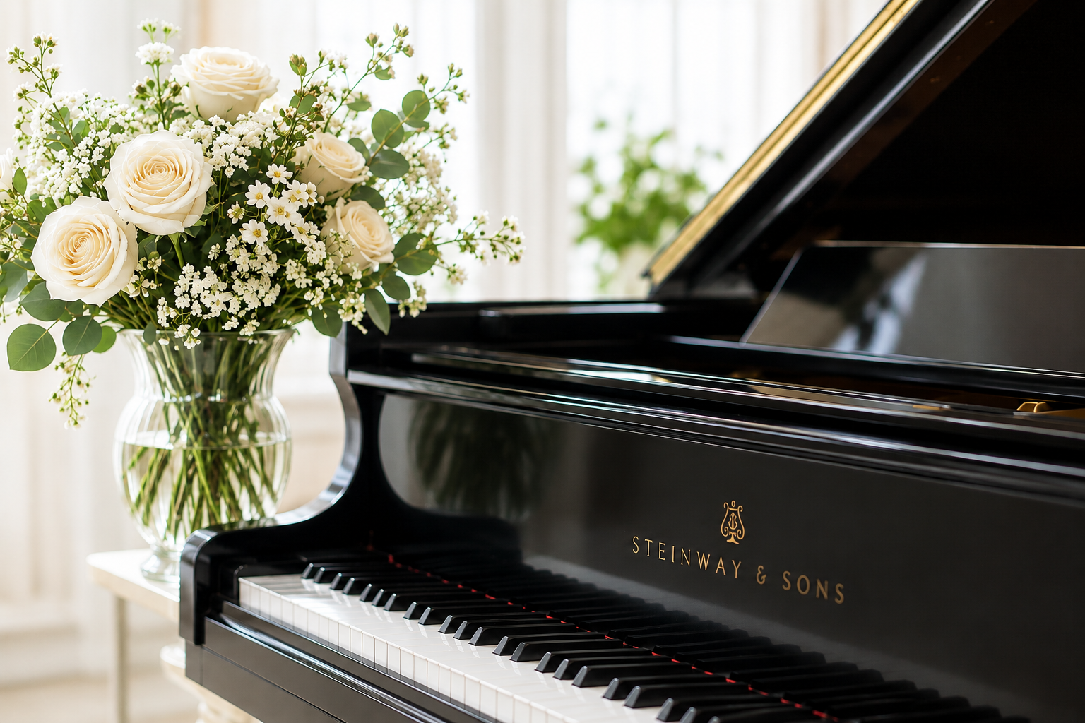 Elegant grand piano with ivory wedding flowers